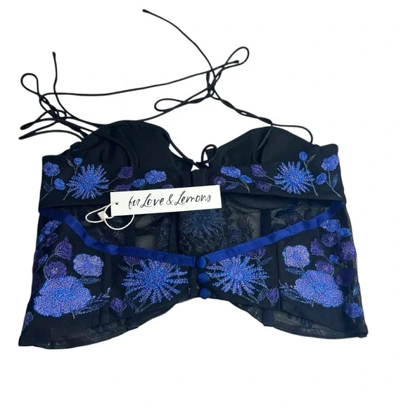 For Love And Lemons NWT Kaylee Embroidered Purple/Black XS Bustier Crop Top